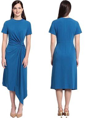 NWT New Maggy London Short Sleeve Draped Front Jersey Blue Dress Size 12 Petite